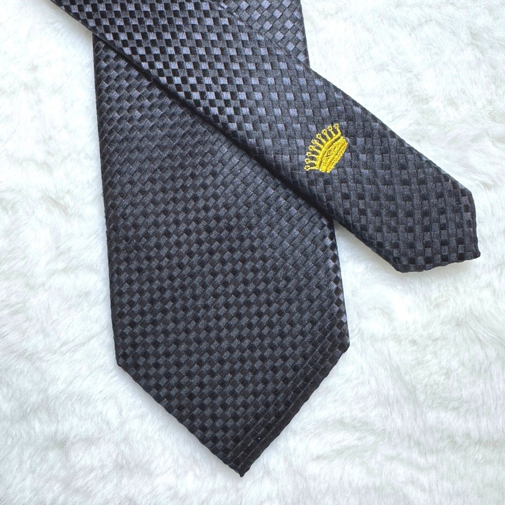 Vtg Countess Mara Necktie Men 59" Black Silk Jacquard Woven Check Crown Logo